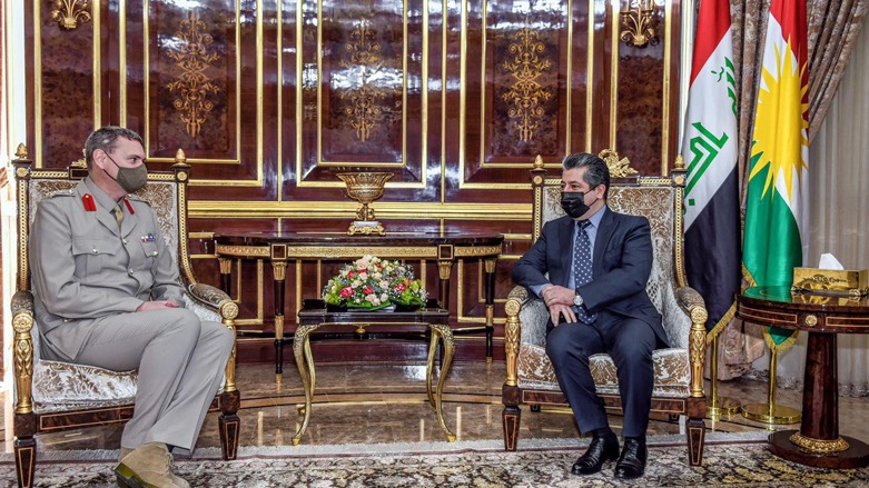 The Kurdistan Region Prime Minister Masrour Barzani in meeting with Brigadier Richard Bell, the Deputy Commanding General of the Combined Joint Task Force – Operation Inherent Resolve against ISIS, Nov. 9, 2021. (Photo: KRG)